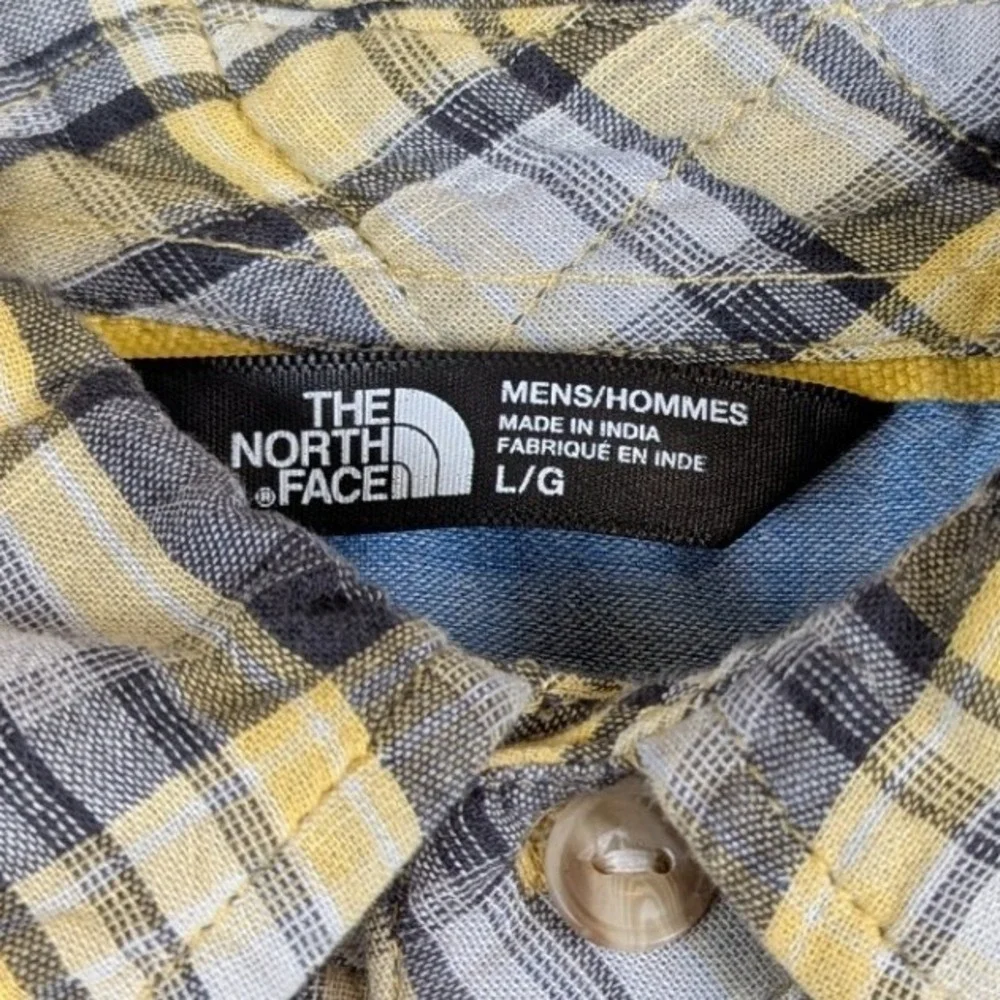 The‎ North Face Mens L Yellow Grey Plaid Cotton Short Sleeve Button Down Shirt
